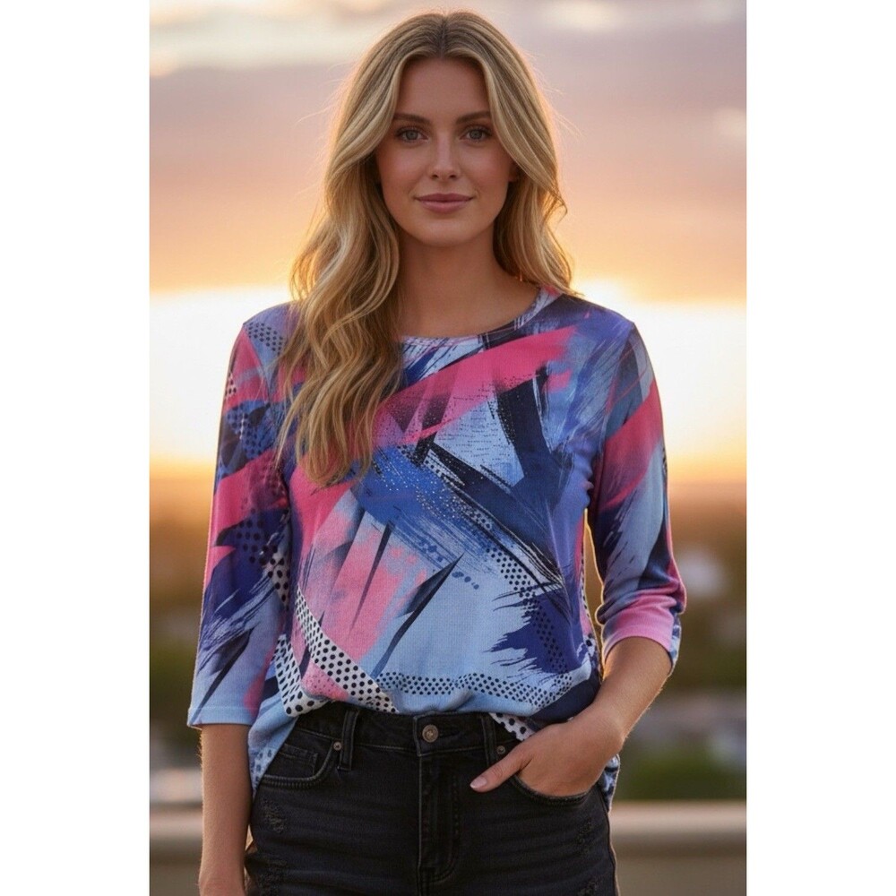 CJ Banks Shirt Womens Size 1X Pink Rhinestone Pullover 3/4 Sleeve Top Career ￼￼